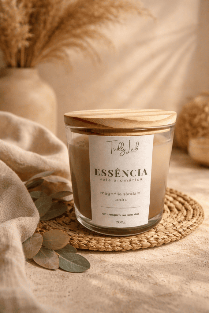 Vela aromática Essência 200g da Trully Lab, com magnólia, sândalo e cedro
